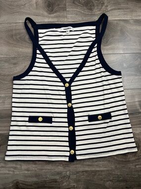 Striped Navy Trim Button-Front Tank Top